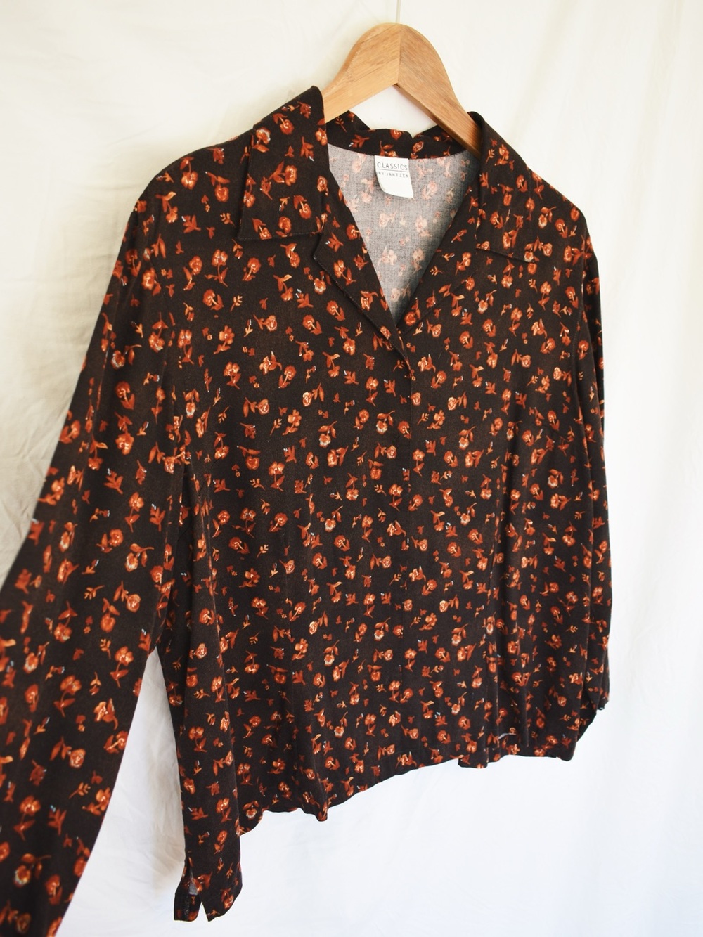 Jantzen Black Button-Down Shirt with Rust Floral Print